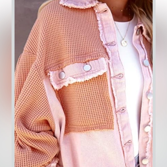 Waffle knit Chic Women's Oversized Orange and Pink Utility Jacket w/pockets - Picture 4 of 13